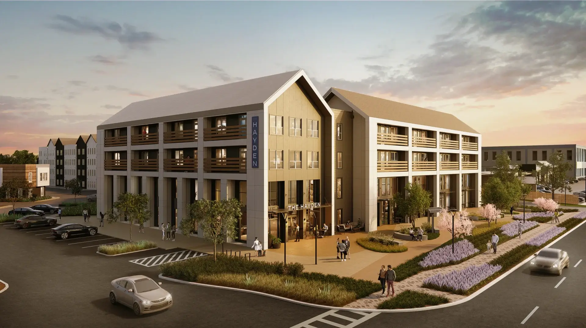 exterior rendering of the hayden new apartments at sunset dynamic